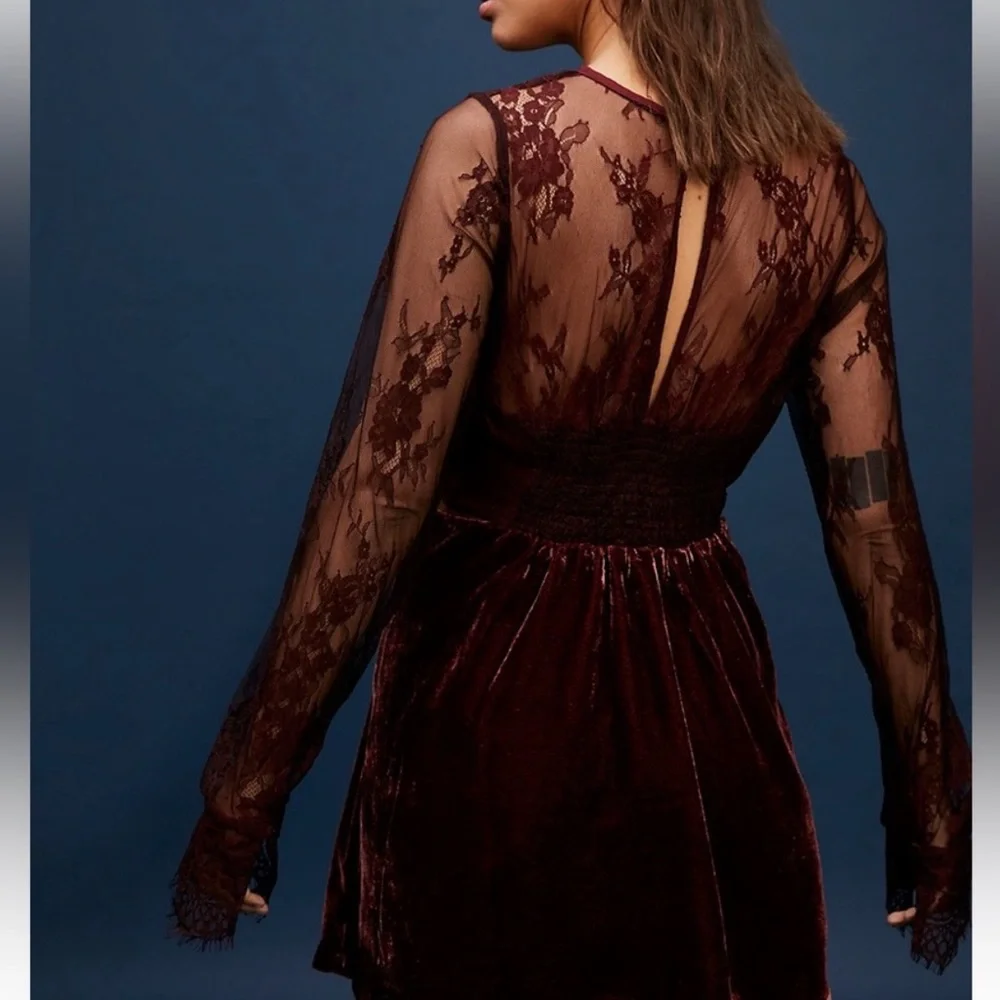 Free People NWT Marlie Lace Mini‎ Velvet Sheer Garnet Smocked Bell Sleeve Dress - Picture 4 of 13